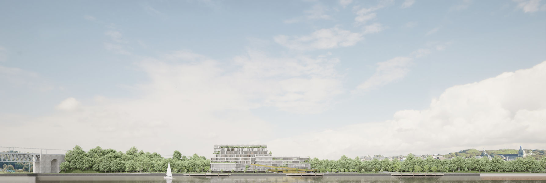 Rendu panoramique de la zone privée et publique depuis la berge d'en face